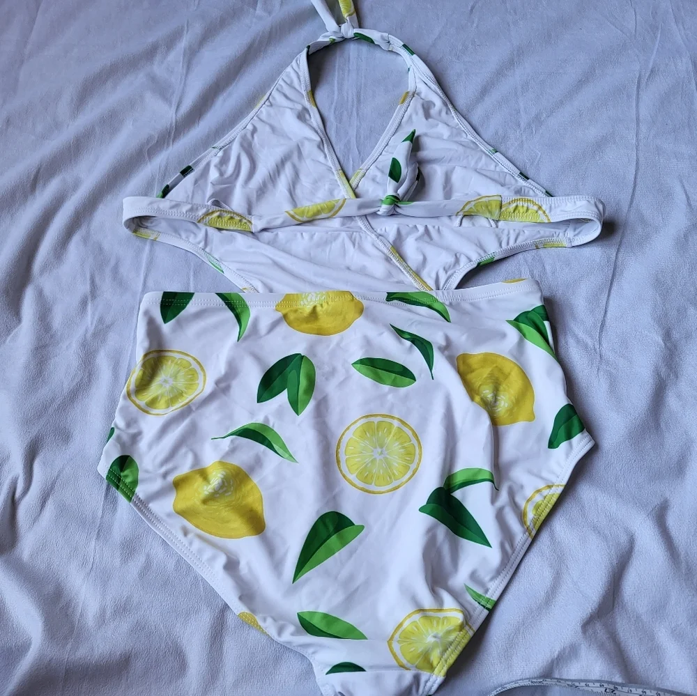 Zeraca One Piece Lemon Print Swimsuit With Halter Tie & Tie Back Size Large